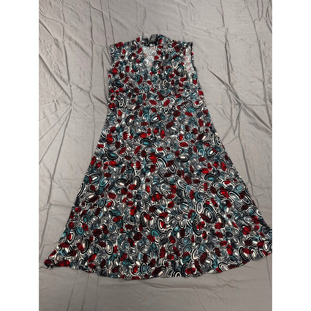 George Stretch Sleeveless Midi Dress Red Blue Geometric Print Size L 12/14